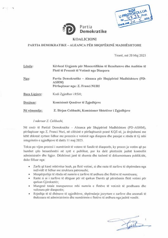 PD i dërgon kërkesë urgjente KQZ-së për mos certifikim