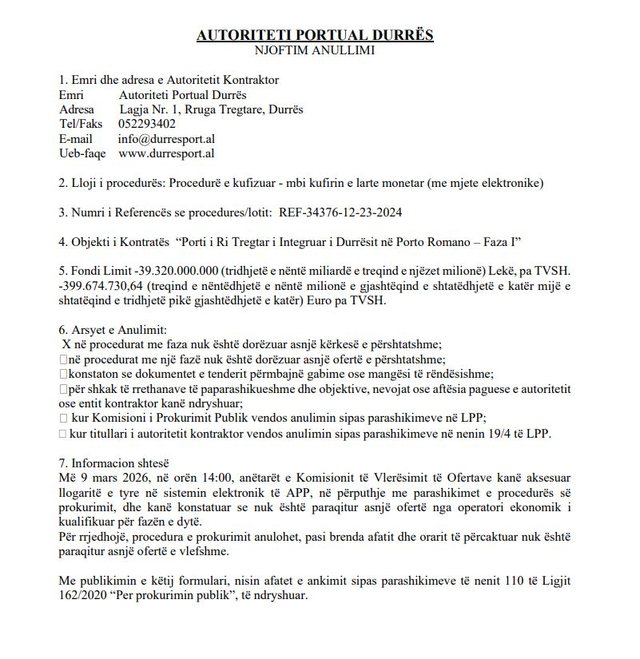 Anulohet zyrtarisht tenderi për portin në “Porto Romano”
