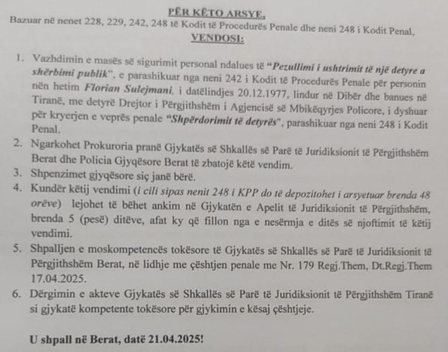 Drejtori i Përgjithshëm i AMP u pezullua nga detyra, Gjykata e Beratit